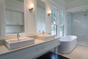 bathroom, white, elegant, modern, clean, sink, double, tub, bathtub, bath, shower, glass, counter, inside, interior, home, house, fixture, remodel, expensive, wood, cabinet, faucet, wash, window, glass, chrome